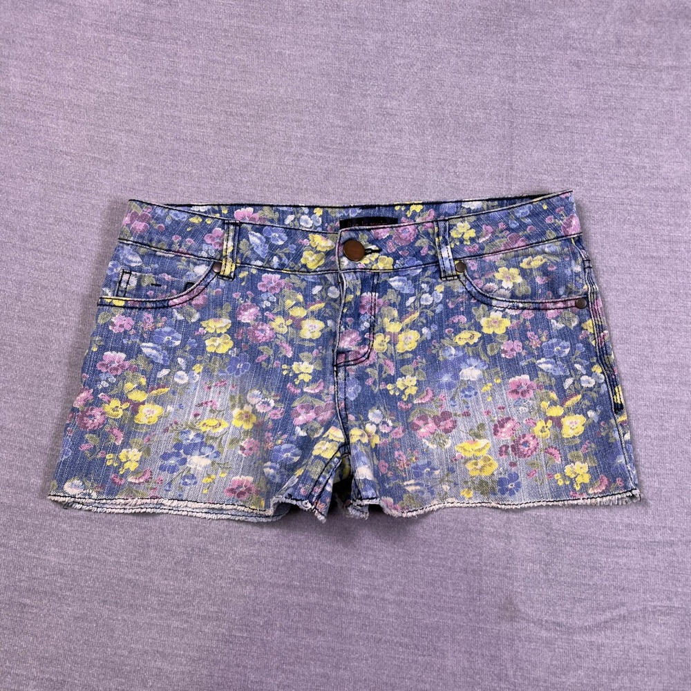 Fire Los Angeles Floral Print Raw Hem Low Rise Denim Shorts‎ Women 7 Blue Cotton